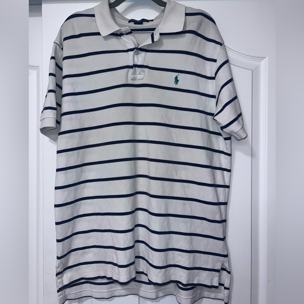Polo by Ralph Lauren - Off white with blue stripes and green logo.  Men’s XL